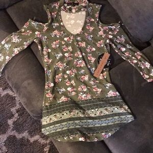 Cold shoulder, choker collar tunic olive